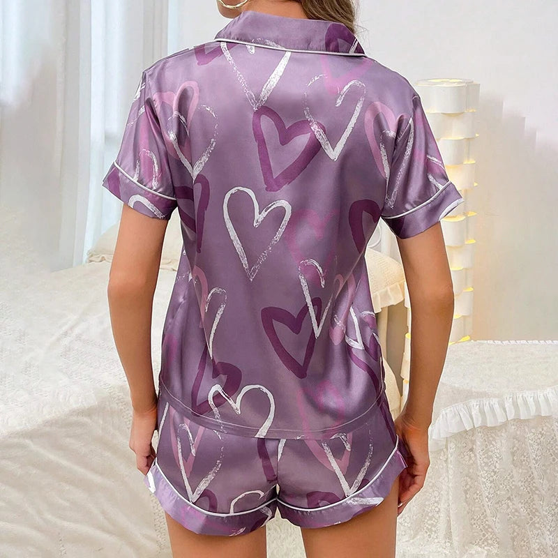 Women's Heart Print Satin Pajama Set