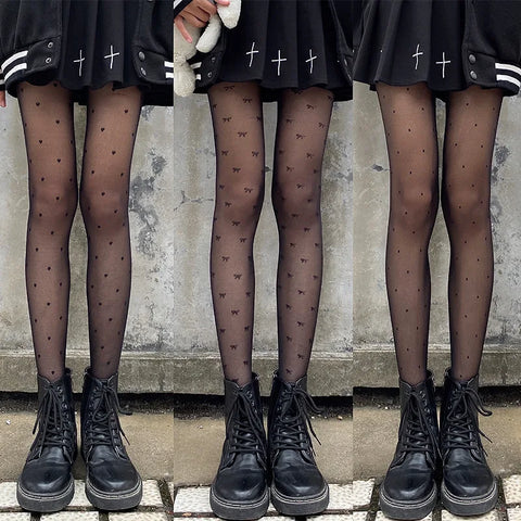 Bow/Heart Thin Lady Tights Pantyhose - Black/White Polka Dot Silk Stockings for Nightclub Wear