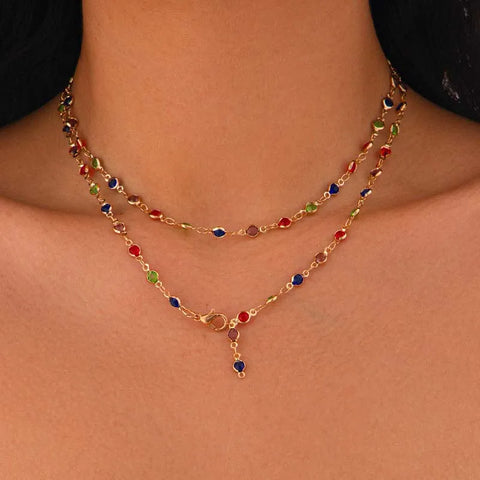 Colorful Crystal Chain Necklace for Women - Silver Long Y-shaped Clavicle Jewelry