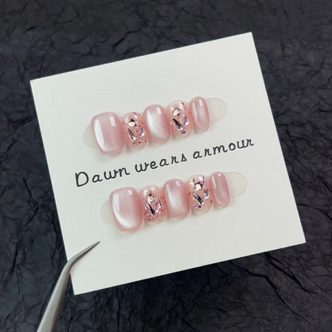 Handmade Press on Nails with Rhinestone Cat-Eye Design