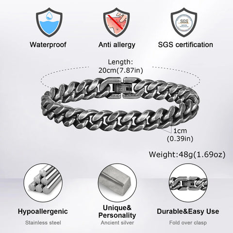 Retro Cuban Chain Bracelets for Men - Vintage Antique Stainless Steel Curb Dome Link Wristband