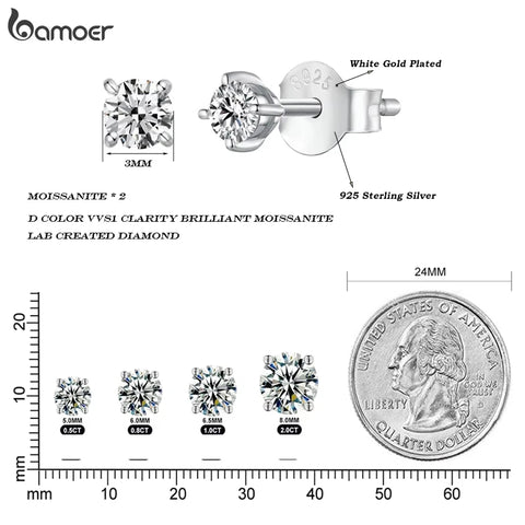 BAMOER Simple Moissanite Stud Earrings – 925 Sterling Silver