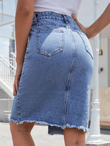 Dames blauwe denim rok met zakken en split aan de voorkant - Hoge taille, slanke midi-rok met rits voor casual streetwear