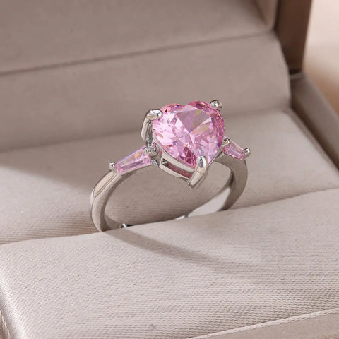 Pink Zircon Heart Rings for Women - Adjustable Gold Plated Stainless Steel Ring - 2025 Trend Wedding Aesthetic Jewelry Gift