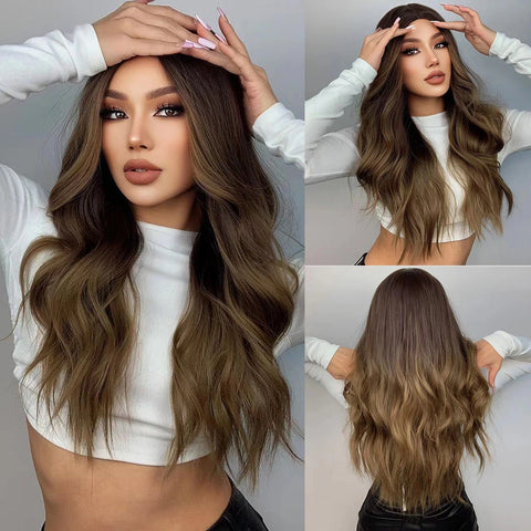 EASIHAIR Long Brown Ombre Synthetic Wigs for Women - Natural Wavy Cosplay Wig