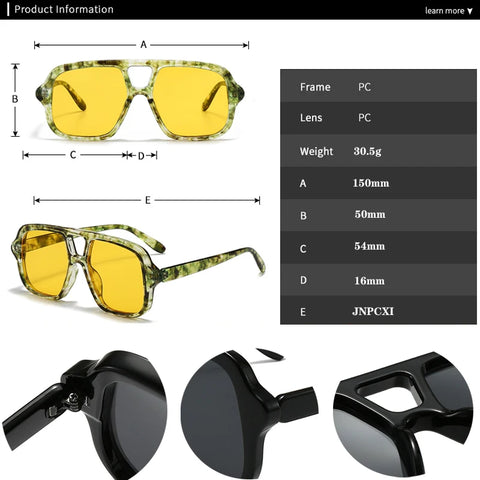JNPCXI Dubbele Brug Vierkante Zonnebril – Vintage Punk Geel UV400 Heren Trending Shades