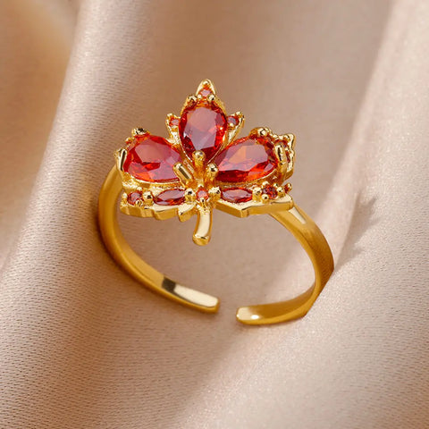 Zircon Maple Leaf Ring for Women - Gold Color Stainless Steel Fashion Jewelry