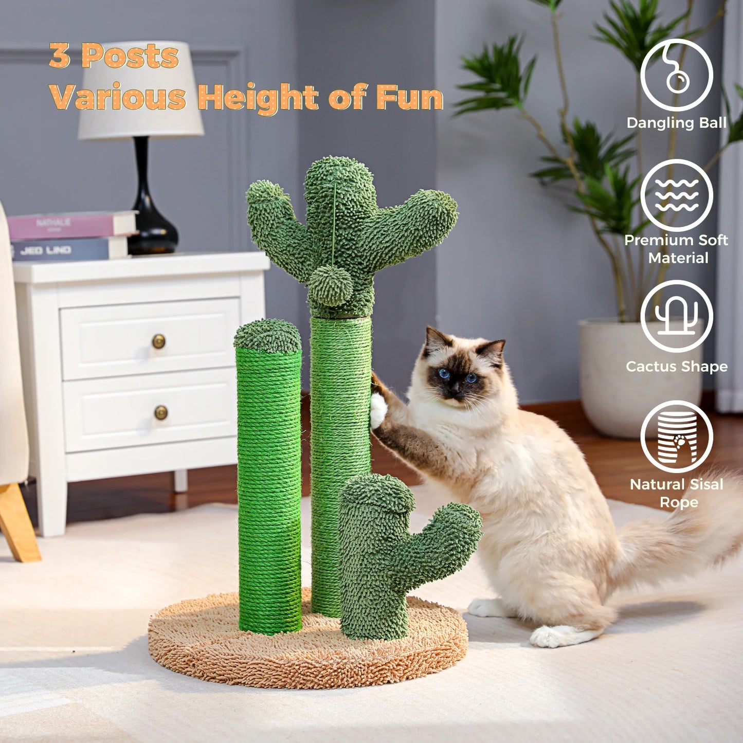 Cactus Cat Scratcher - Interactive Cat Scratching Post with 3 Scratching Poles and Dangling Ball
