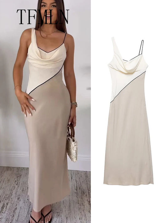 TFMLN Elegant Women Patchwork Slim Strap Dress
