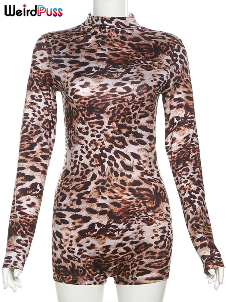 Weird Puss Leopard Print Romper for Women - Trendy Hipster Long Sleeve Playsuit for Autumn 2024