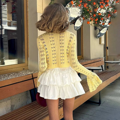 TARUXY Hol gebreide cardigan - Dames effen lange mouwen V-hals korte trui top