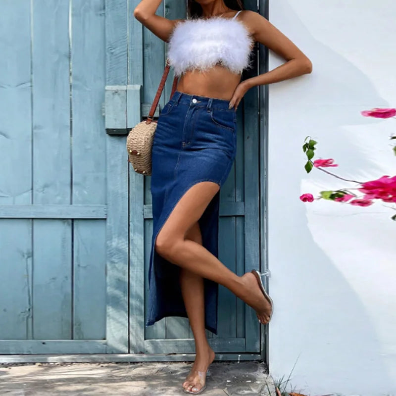 Benuynffy Sexy Side High Split Denim Skirt - Women's Summer Vintage Fashion