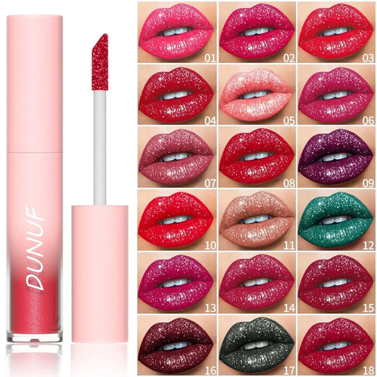 18 Color Diamond Glitter Lip Gloss - Waterproof Long Lasting Matte Liquid Lipstick for Women