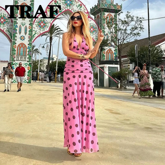 TRAF 2025 Polka Dot Printed Long Dress - Chic Backless Midi Dress