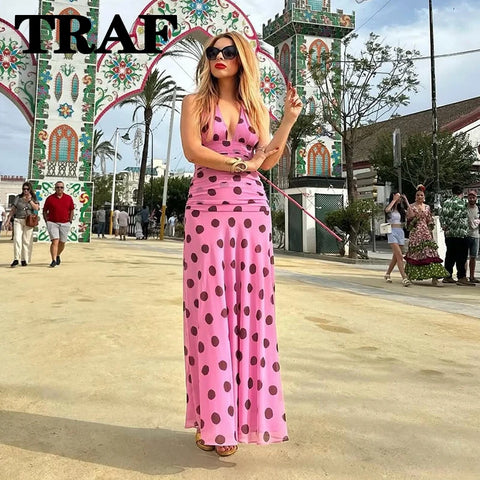 TRAF 2025 Polka Dot Printed Long Dress - Chic Backless Midi Dress