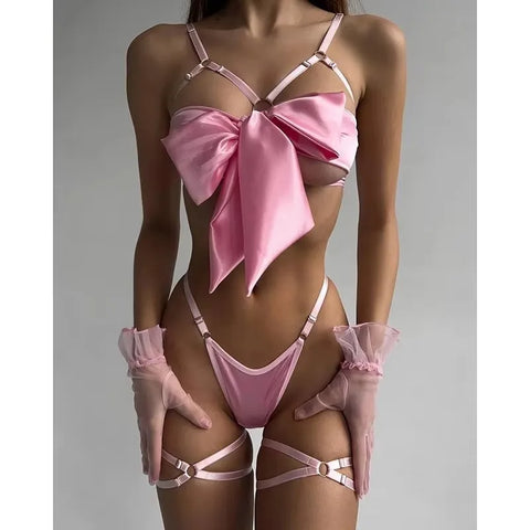 Sensual Bowknot Lingerie Set - Open Bra & Lace Up Satin Outfit