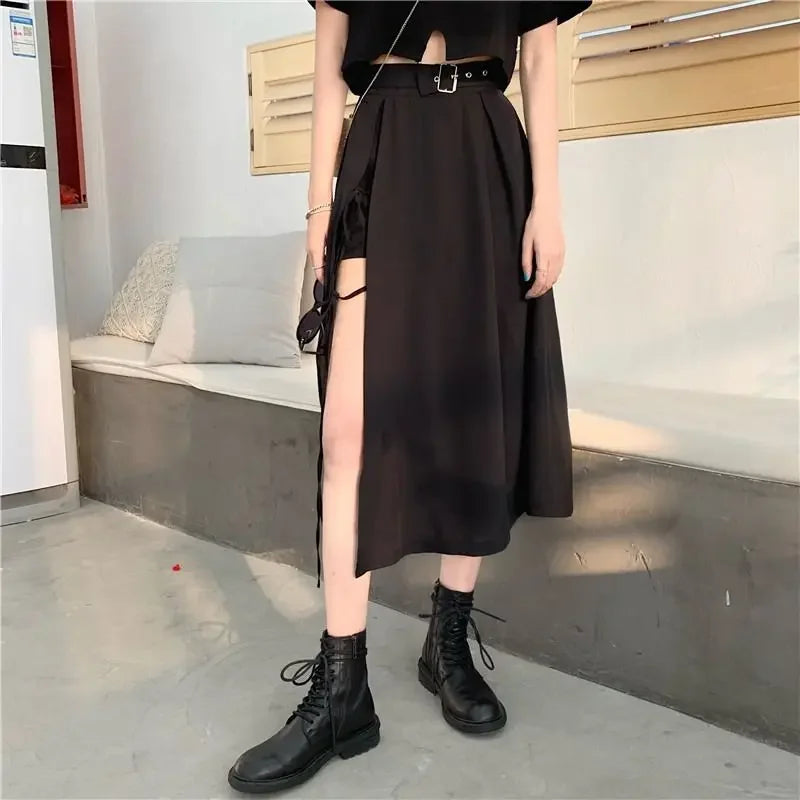 Vintage Dark Gothic High Split Mid-Calf Skirt for Women - Elegant Fashion for Parties and Clubs