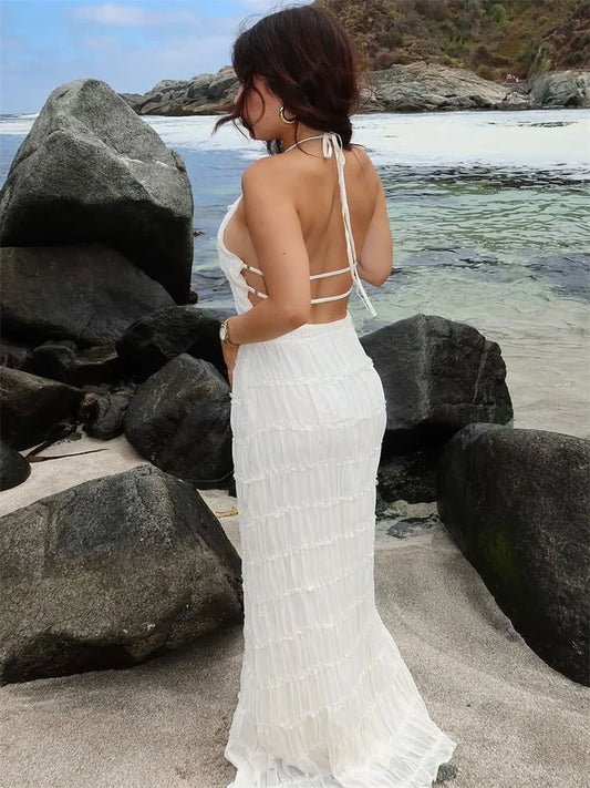 Tossy Women's Spring Fashion Patchwork Maxi Dress - Lace-Up Backless High Waist Solid Beach Dress 2025