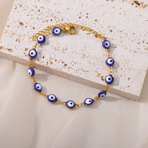 Stainless Steel Evil Eye Bracelet for Women - Enamel Blue Bead Bracelet for Summer Beach Style