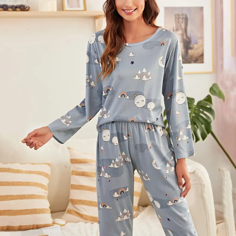 Women’s Cartoon Print Pajama Set with Eye Mask