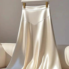 OCEANLOVE White Satin Skirts for Women - A-line French Style Elegant Vintage Long Skirt