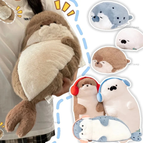 Cartoon Seal & Sea Otter Plush Cushion – Round Earphone Design Pillow for Kids’ Birthday, School & Nap