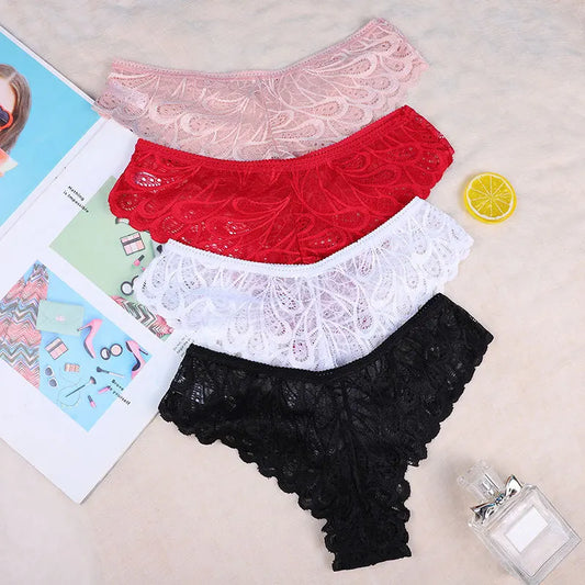 Women's Lace Panties - Elegant Solid Color Transparent Briefs for Women