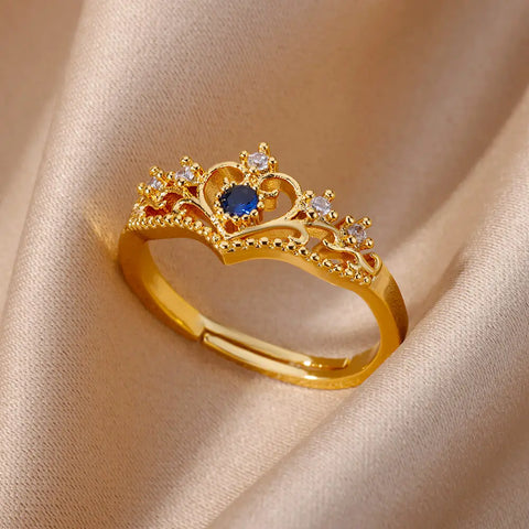 Blue Zircon Crown Rings for Women - Adjustable Gold Color Wedding Jewelry Gift