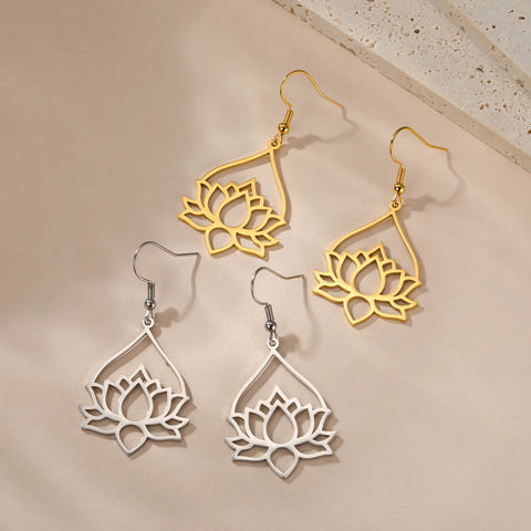 Skyrim Lotus Flower Rhinestone Dangle Earrings - Gold Stainless Steel Bohemian Jewelry for Women
