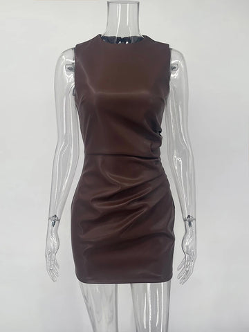 TARUXY Mouwloze leren maxi-jurk voor dames - Sexy heupomhullende feestjurk met hoge taille