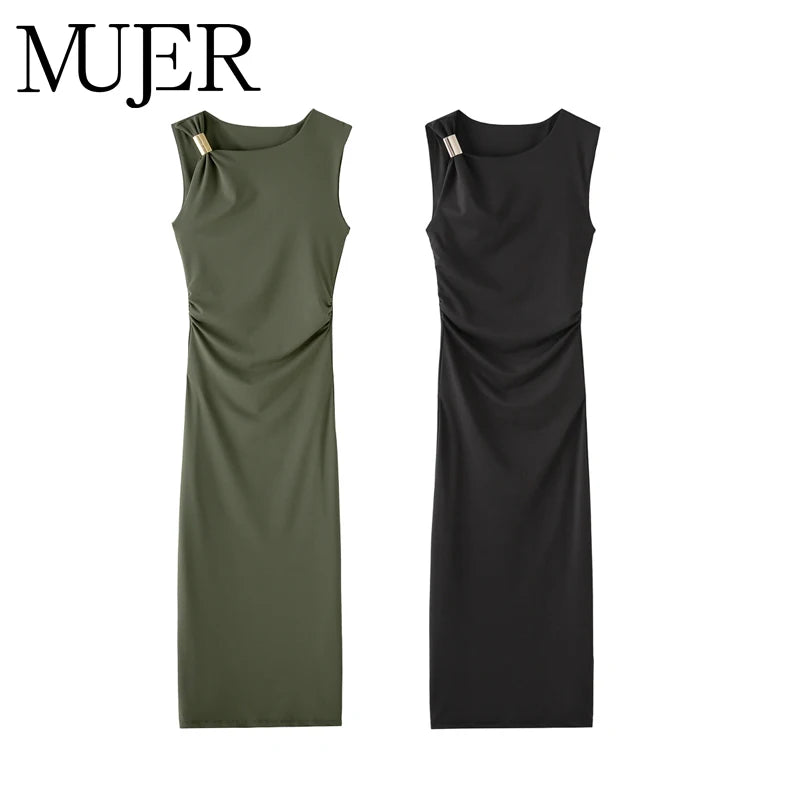 MUJER Pleated Long Black Dress for Women