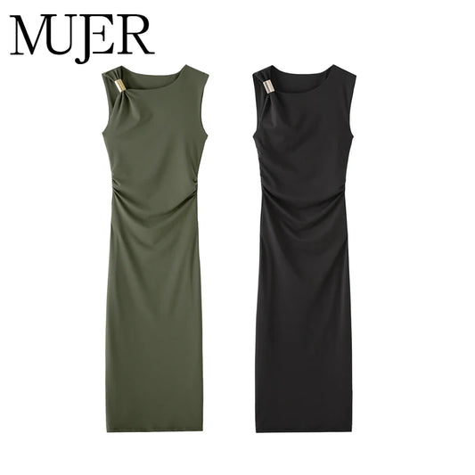 MUJER Pleated Long Black Dress for Women