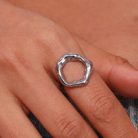 Vintage Circle Motif Stainless Steel Ring for Women - Unique Melted Texture Jewelry