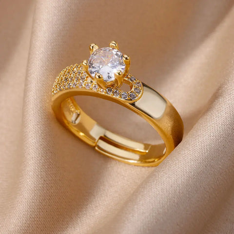 Stainless Steel Round Rings for Women - Geometric Gold Color Crystal Ring - Aesthetic Wedding Party Jewelry Gift