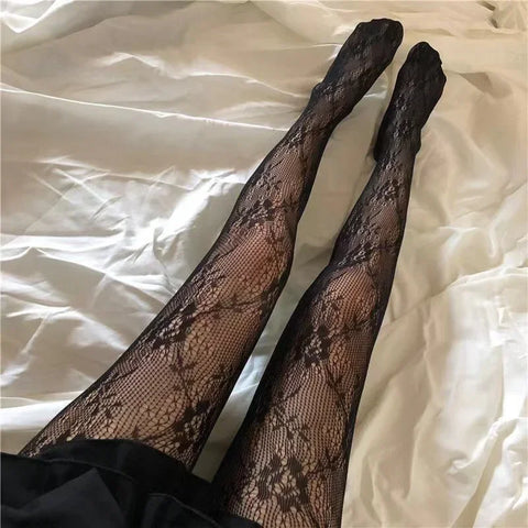 Chic Black and White Lolita Lace Mesh Stockings - Japanese Goth Floral Rattan Tights