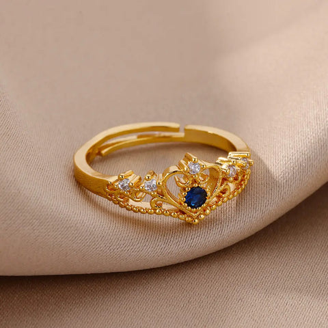 Blue Zircon Crown Rings for Women - Adjustable Gold Color Wedding Jewelry Gift