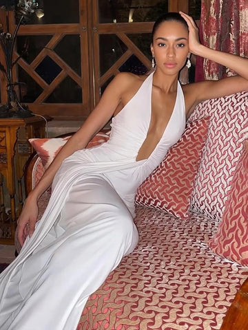 TARUXY Diepe V-hals Halter Lange Jurk - Elegante Geplooide Lint Zomervakantiejurk voor Vrouwen