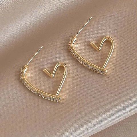 Fashion Simple Gold Color Love Heart Earrings for Women - Trendy Elegant Metal Geometric Zircons Heart-Shaped Jewelry