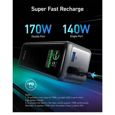 Anker Prime 27650mAh Power Bank – 250W 3-Port Travel Charger with App