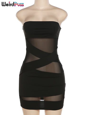 Weird Puss Party Strapless Jurk voor Dames - Patchwork Mesh Zomer Mini Bodycon Clubwear