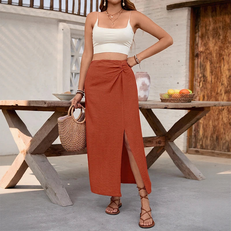 Benuynffy Solid Color Split Long Skirt for Women - Summer Fashion with Elastic Waist