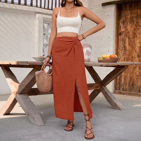 Benuynffy effen split lange rok voor dames - zomermode met elastische taille