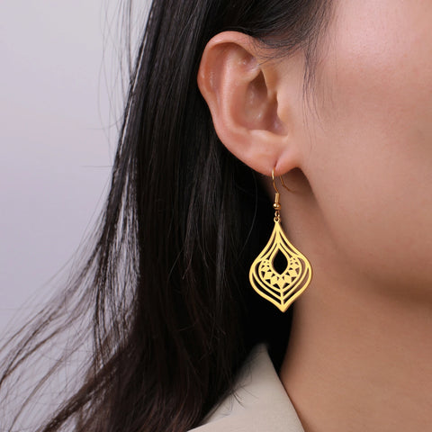 Skyrim Bohemian Flower Filigree Drop Earrings - Stainless Steel Waterproof Dangle Earrings for Women