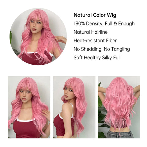 Light Pink Long Wavy Cosplay Synthetic Hair Wig with Bangs - Perfect for Halloween and Daily Wear