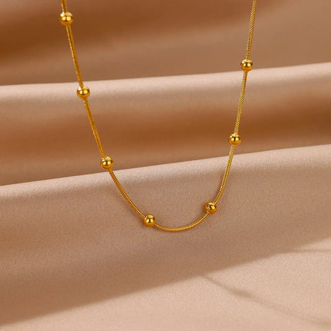 Stainless Steel Beaded Round Snake Chain Necklace for Women - Gold Geometric Luxury Jewelry