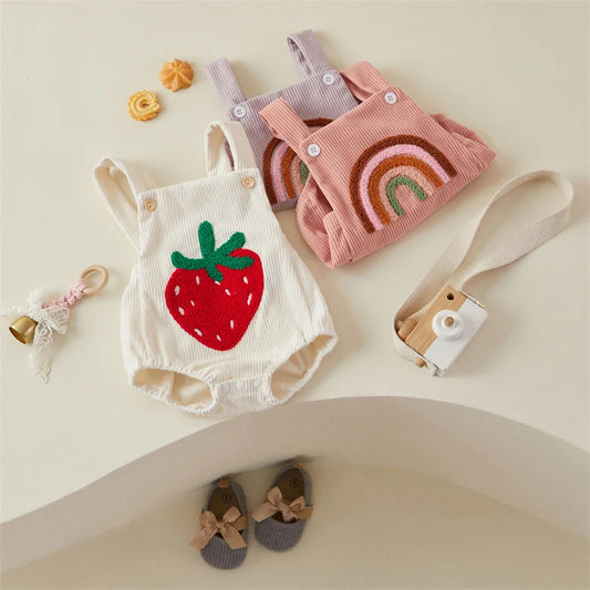 Tregren Newborn Infant Toddler Romper with Strawberry Rainbow Embroidery