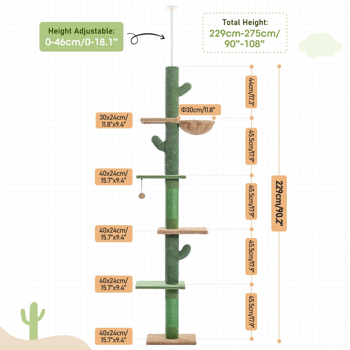 5-Tier Floor to Ceiling Cat Tree Cactus Tower with Scratching Post, Hammock & Dangling Ball