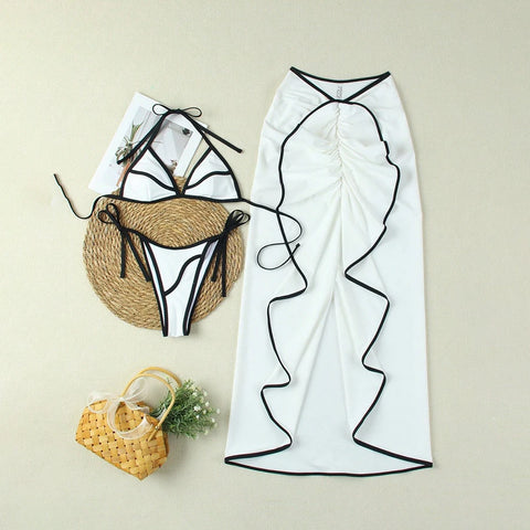Para Praia Print Driedelige Bikiniset met Lange Rok - Sexy Badpak Strandjurk voor Dames