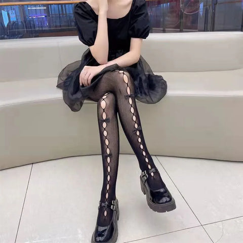 Lolita Cosplay Girls Bowknot Hollow Out Pantyhose - Elegant Lace Tights for Anime Lovers