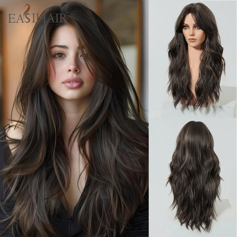 EASIHAIR Long Wavy Brown Synthetic Wig for Women with Side Bangs - Natural Look, Heat Resistant for Daily Wear